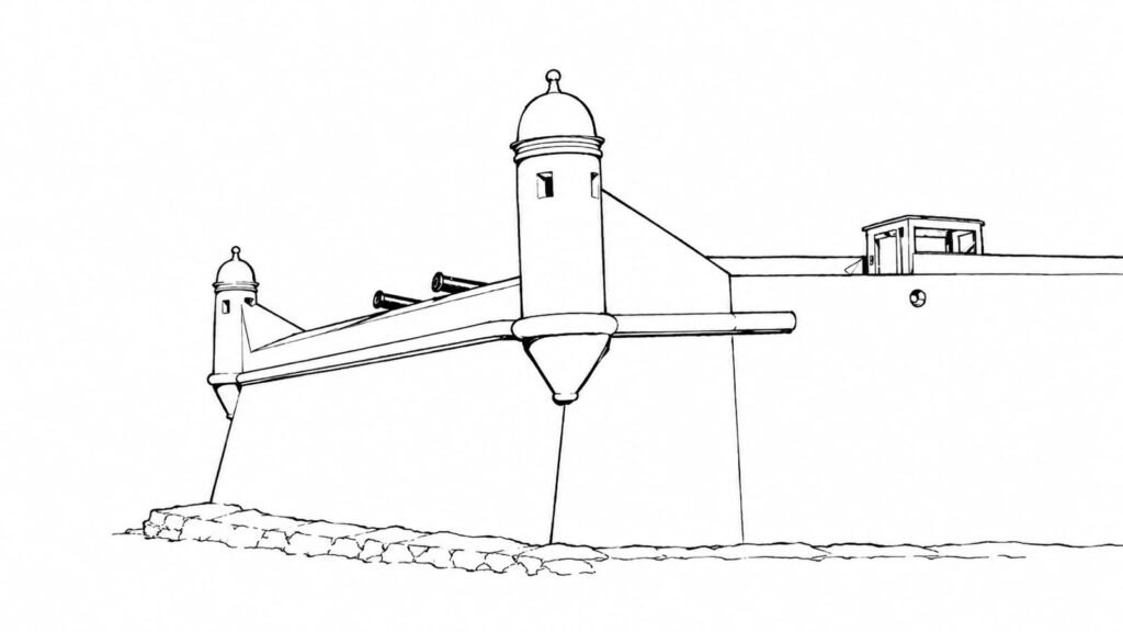 Ilustração em traços pretos do Forte São João, em Bertioga, com muralha e guaritas voltadas para o canal.